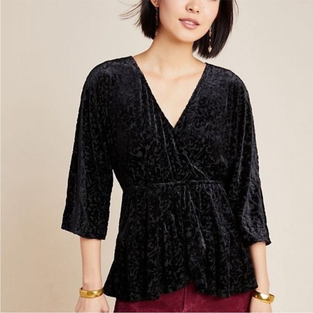 Anthropologie Aleska Black Burnout Velvet Faux Wrap Top Blouse size XS